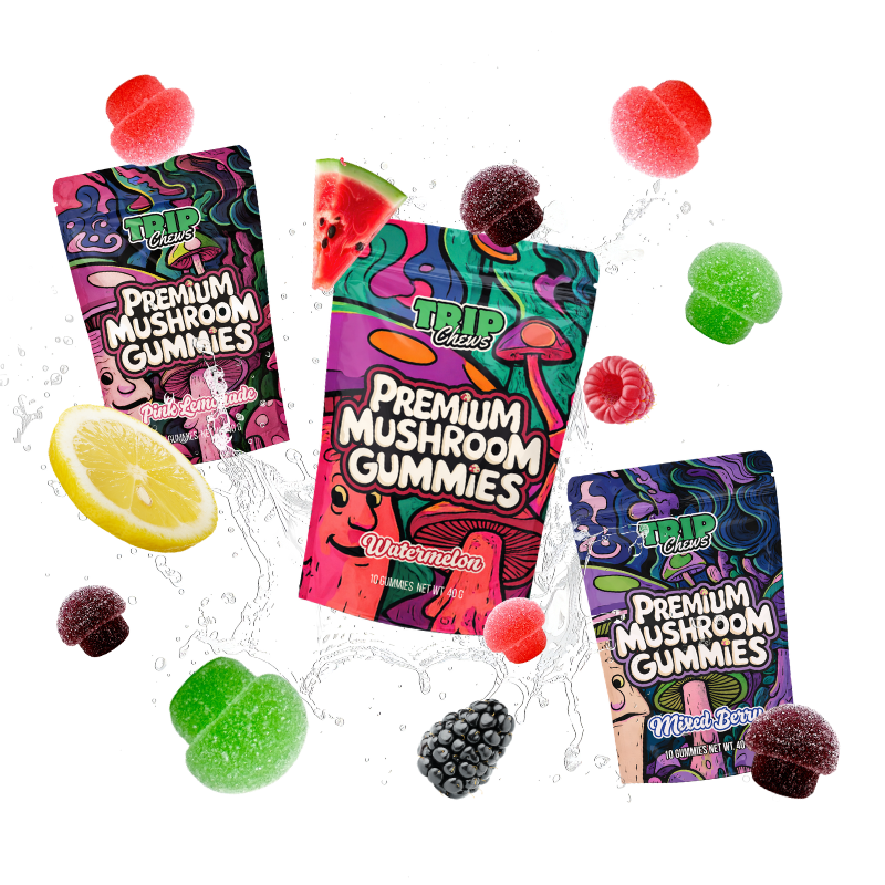 Three packages of Trip Chews Premium Mushroom Gummies with fruit-themed packaging.