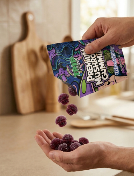 Person holding a package of purple mushroom gummies over their hand with a kitchen background.