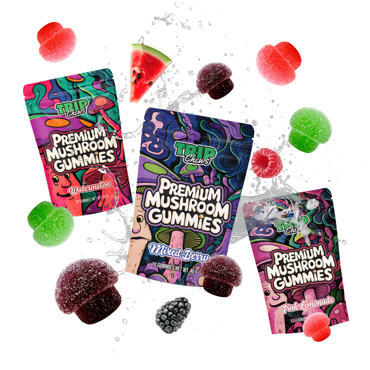 Three packages of Trip Chews Premium Mushroom Gummies with fruit-themed packaging on a white background.