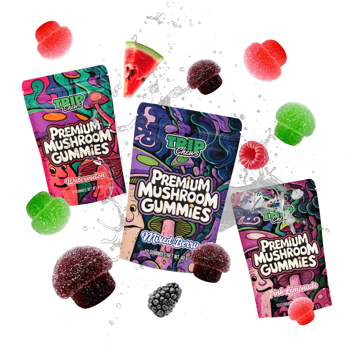 Three packages of Trip Chews Premium Mushroom Gummies with fruit-themed packaging on a white background.