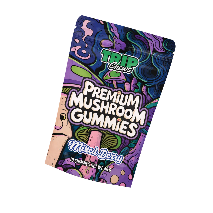 Colorful packaging of Trip Chews Premium Mushroom Gummies on a white background