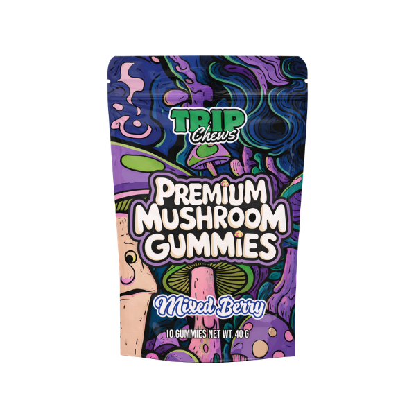 Colorful packaging of Trip Chews Premium Mushroom Gummies with a purple and blue design.