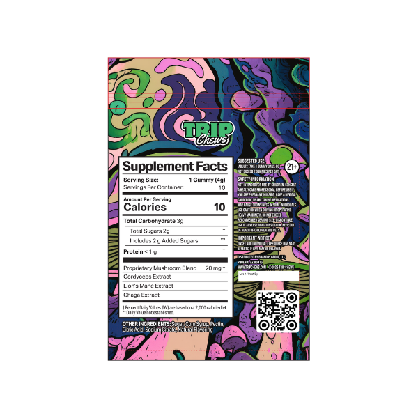 Supplement facts label for Trip Chews with colorful abstract design on a white background