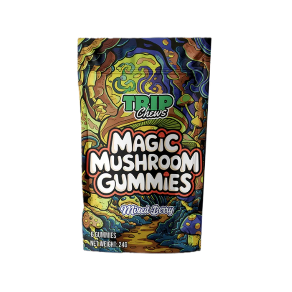 Colorful packaging of Trip Chews Magic Mushroom Gummies with psychedelic design on a white background.