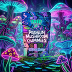 Trip Chews mushroom gummies packaging with neon mushrooms in a fantasy setting