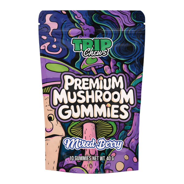Colorful packaging of Trip Chews Premium Mushroom Gummies with a cartoon character on a white background.
