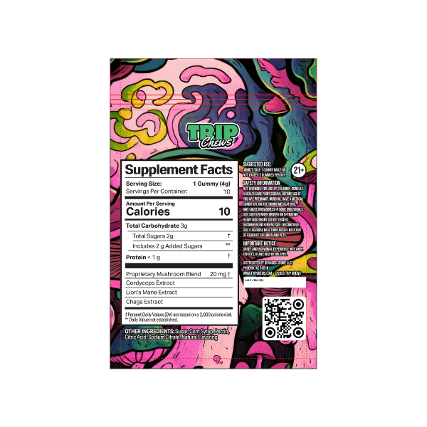 Supplement facts label on a colorful packaging with 'Trip Chews' branding.