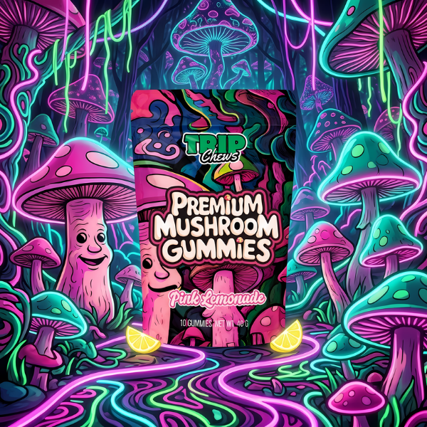 Trippy, colorful mushroom gummies packaging with neon mushrooms in the background