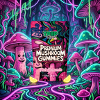 Trippy, colorful mushroom gummies packaging with neon mushrooms in the background