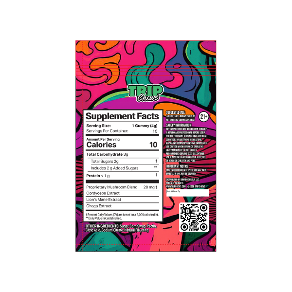 Colorful supplement package with 'Trip' branding and supplement facts label.