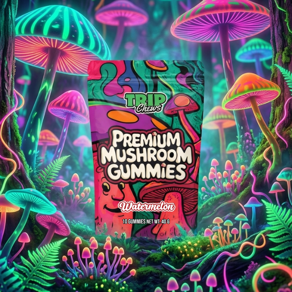 Trip Chews  mushroom gummies packaging with vibrant, neon-colored mushrooms in a fantasy forest setting.