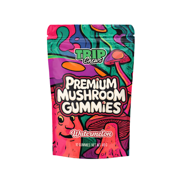 Colorful package of Trip Chews Premium Mushroom Gummies on a white background