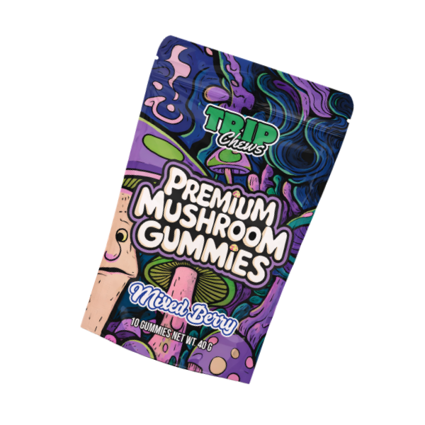Colorful packaging of Trip Chews Premium Mushroom Gummies.