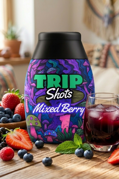 Colorful 'Trip Shots Mixed Berry' container with a glass of red liquid on a wooden surface with berries.