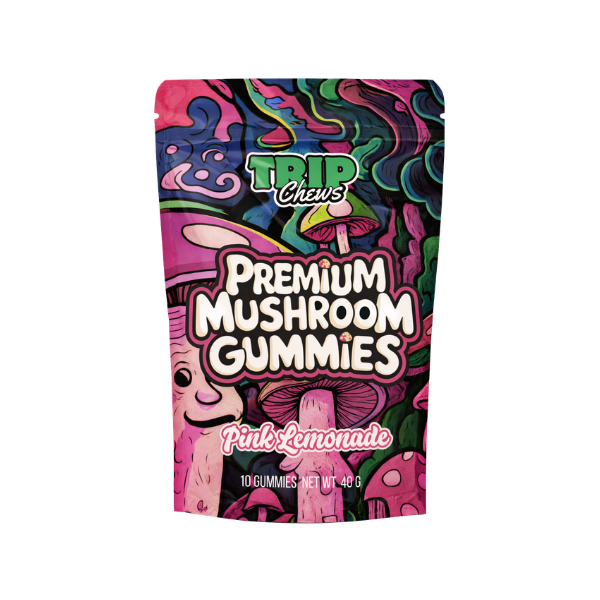 Colorful package of Trip Chews Premium Mushroom Gummies with pink lemonade flavor on a white background.