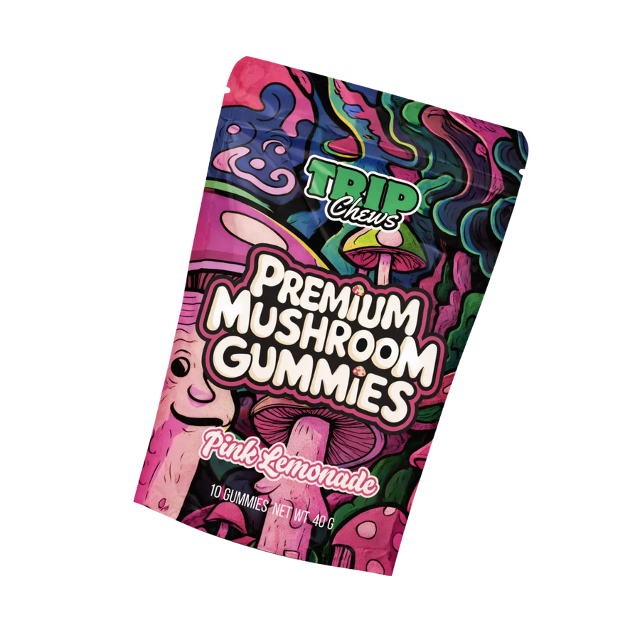 Colorful packaging of Trip Chews Premium Mushroom Gummies on a white background
