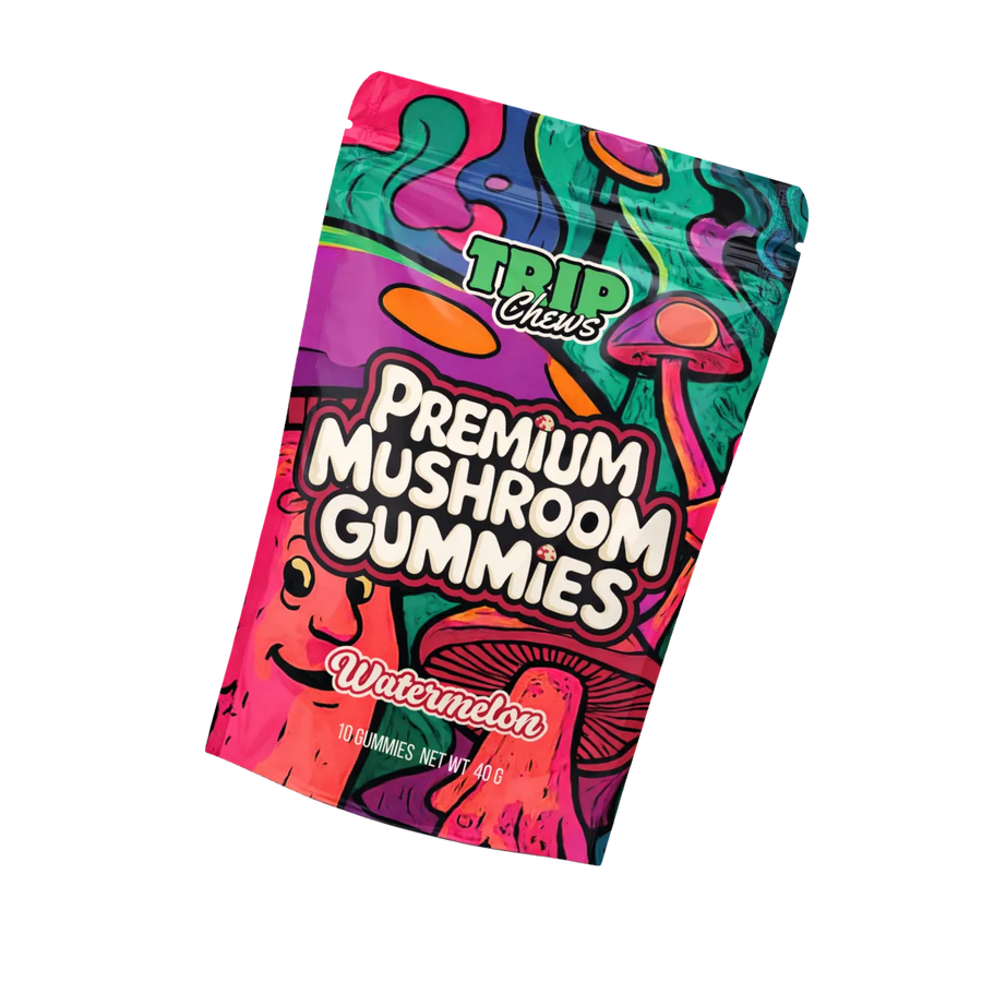 Colorful packaging of Trip Chews Premium Mushroom Gummies on a white background