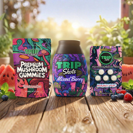 Trip Chews premium mushroom gummies, liquid enhancer shot, and fast dissolve tablets with watermelon, berries, and outdoor setting