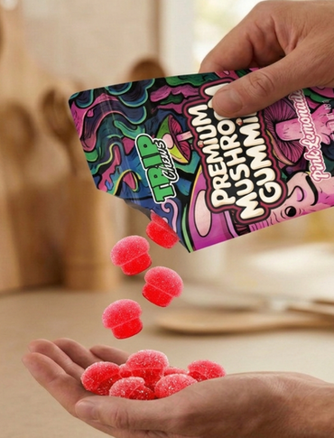 Hand holding a colorful package of Premium Mushroom Gummies with red gummy mushrooms spilling out.