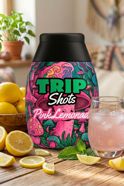 Colorful 'Trip Shots Pink Lemonade' bottle with lemons and a glass of pink lemonade on a wooden surface.