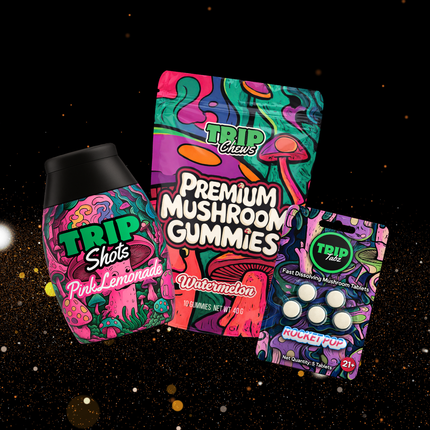 Colorful packaging of Trip Chews premium mushroom products on a black background with star-like dots.