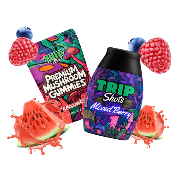 TRIP Shots Mixed Berry product with colorful packaging and fruit graphics.