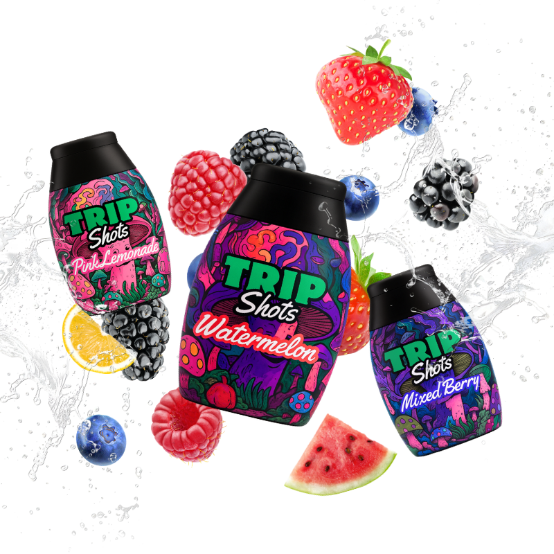 Three colorful 'Trip Shots' flavor bottles with fruit graphics.