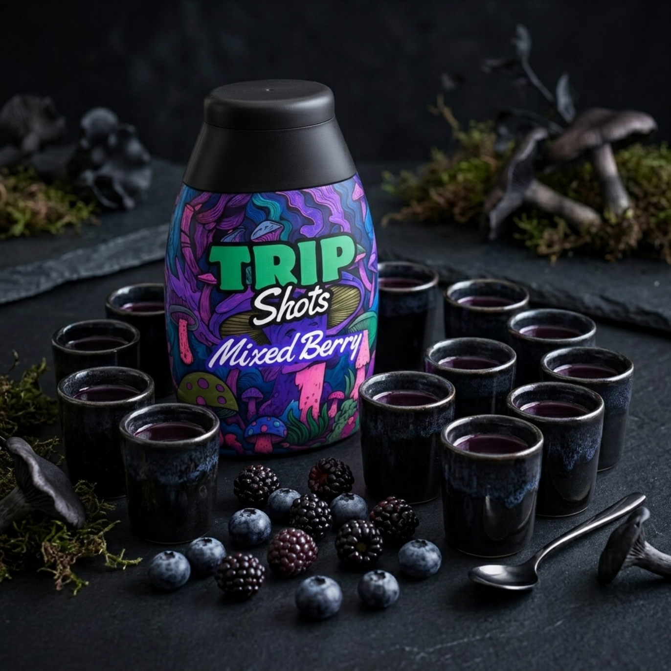 Bottle of 'Trip Shots Mixed Berry' with shot glasses and berries on a dark surface