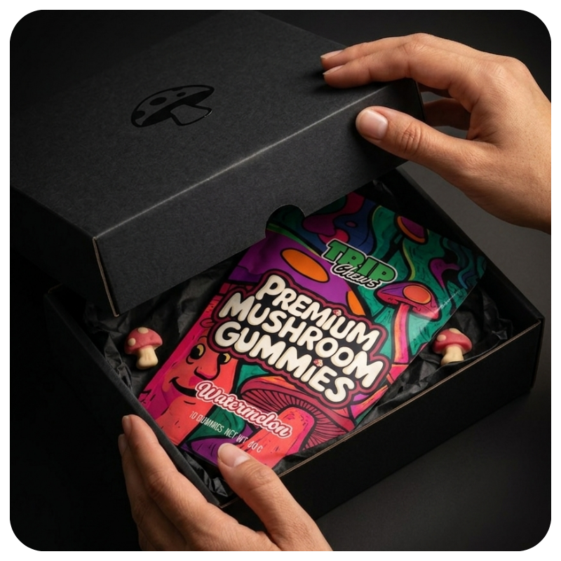 Person opening a black box containing colorful 'Trip Chews Premium Mushroom Gummies' packaging.