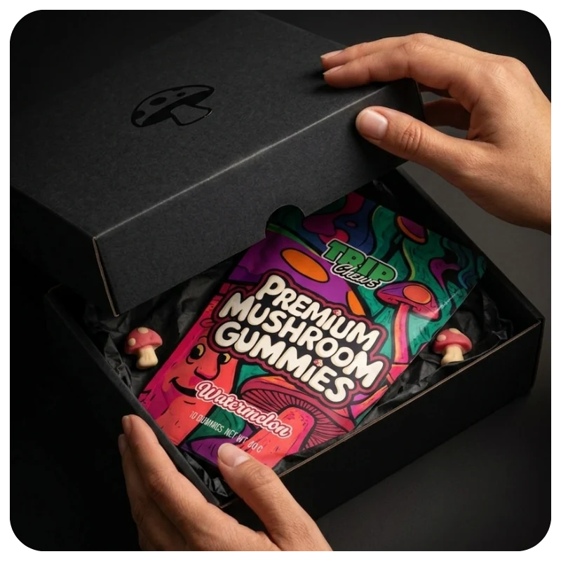 Person opening a black box containing colorful 'Trip Chews Premium Mushroom Gummies' packaging.