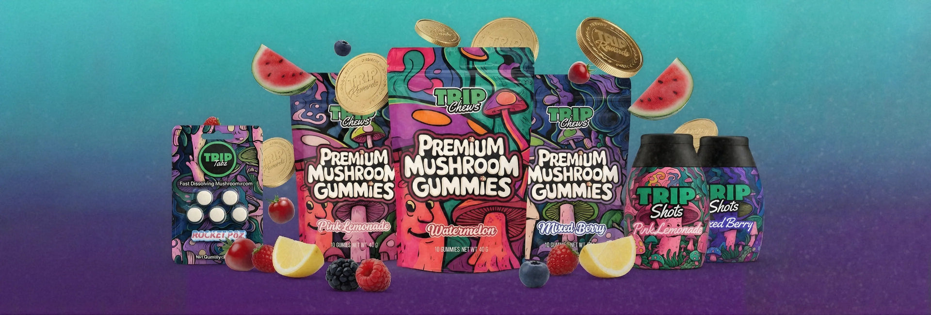 Assorted packs of Trip Premium Mushroom Gummies on a gradient purple and blue background