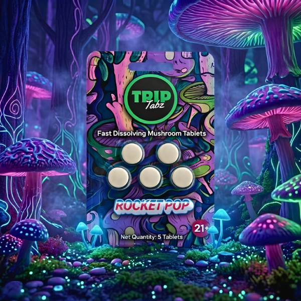 TRID Labz fast dissolving mushroom tablets packaging in a fantasy forest setting
