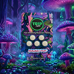 TRID Labz fast dissolving mushroom tablets packaging in a fantasy forest setting