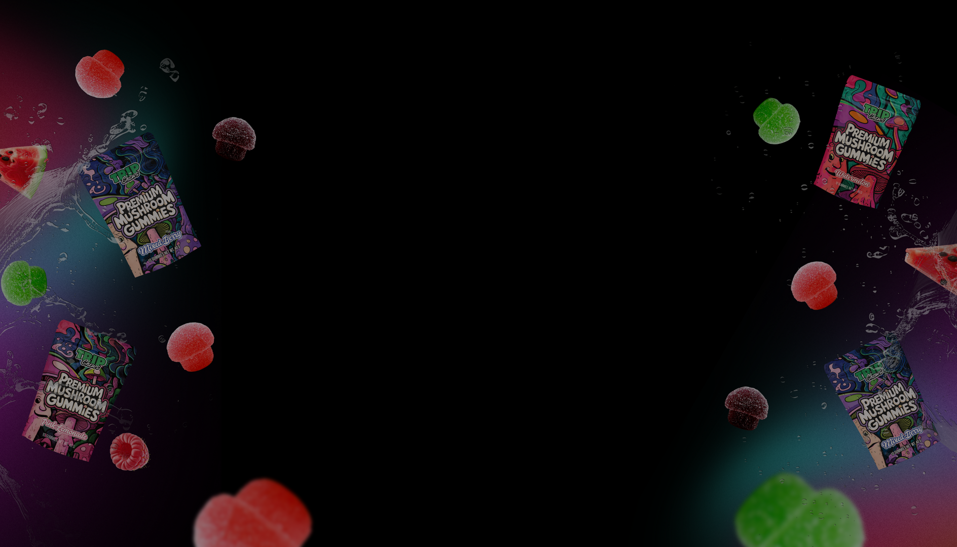 Colorful gummy mushrooms and packages on a dark background