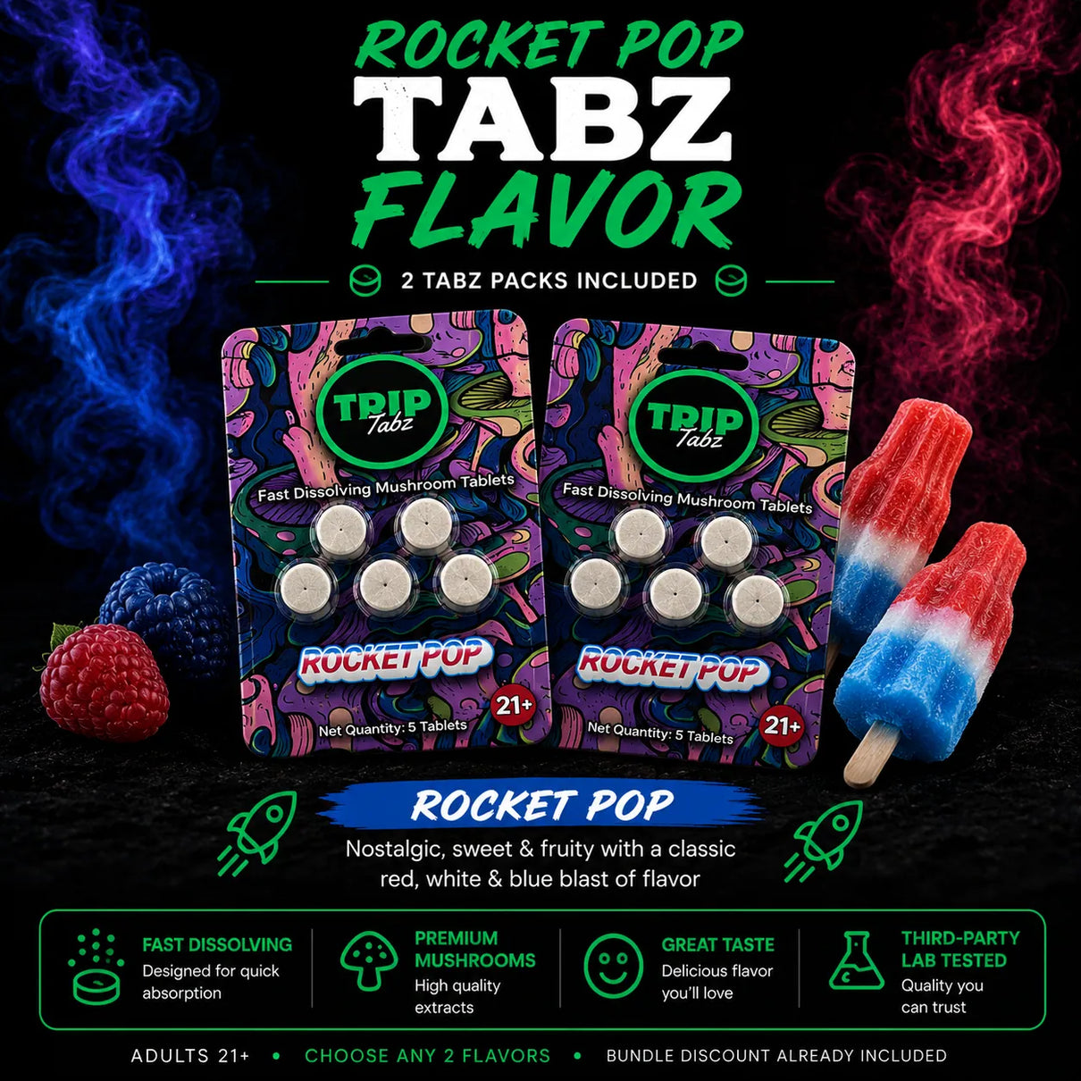 Trip Tabz flavor infographic for the Full Trip Bundle featuring Rocket Pop fast-dissolving mushroom tablets. Graphic shows two Rocket Pop Tabz packs included in the bundle, highlights fast-dissolving tablet format, premium mushroom extracts, third-party lab testing, nostalgic red-white-and-blue Rocket Pop flavor, and included bundle savings.