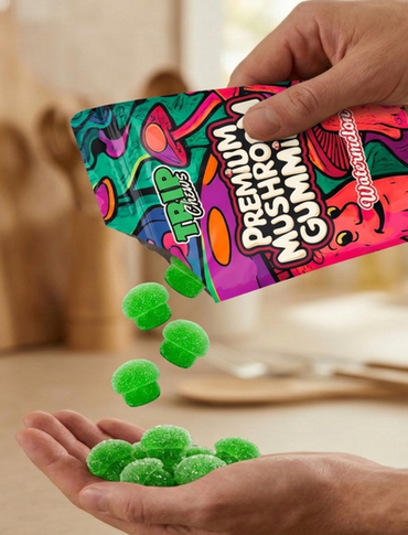 Green mushroom gummies being poured from a colorful packaging labeled 'Premium Mushroom Gummies' into a hand.
