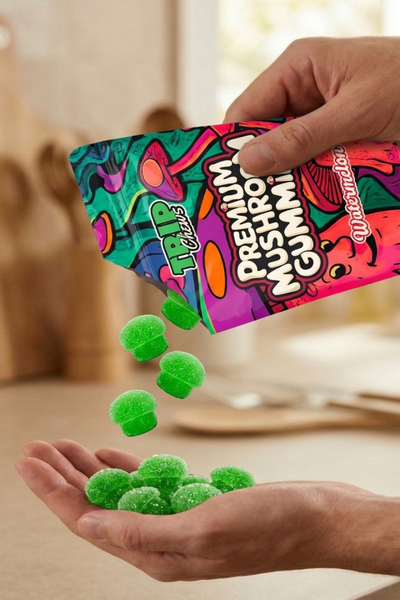 Green mushroom gummies being poured from a colorful packaging labeled 'Premium Mushroom Gummies' into a hand.