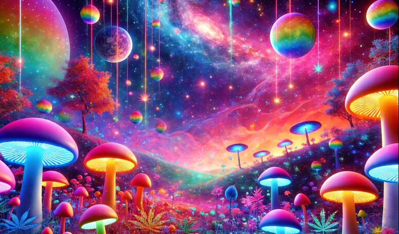 Colorful psychedelic fantasy landscape with glowing mushrooms, floating planets, and a vibrant cosmic sky
