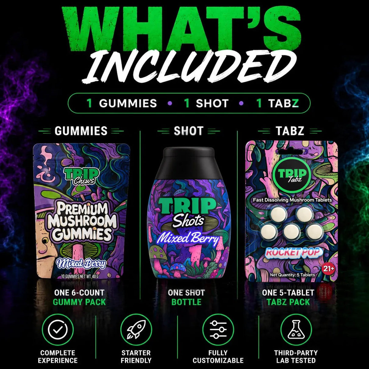 What's Included infographic for the First Trip Bundle showing one 6-count Trip Chews Gummies pack, one Trip Shot bottle, and one 5-count Rocket Pop Trip Tabz pack. The graphic highlights all three Trip Chews formats included in the starter bundle with bold green and white typography, neon smoke accents, and key benefits including complete experience, starter-friendly format selection, customization options, and third-party lab testing.