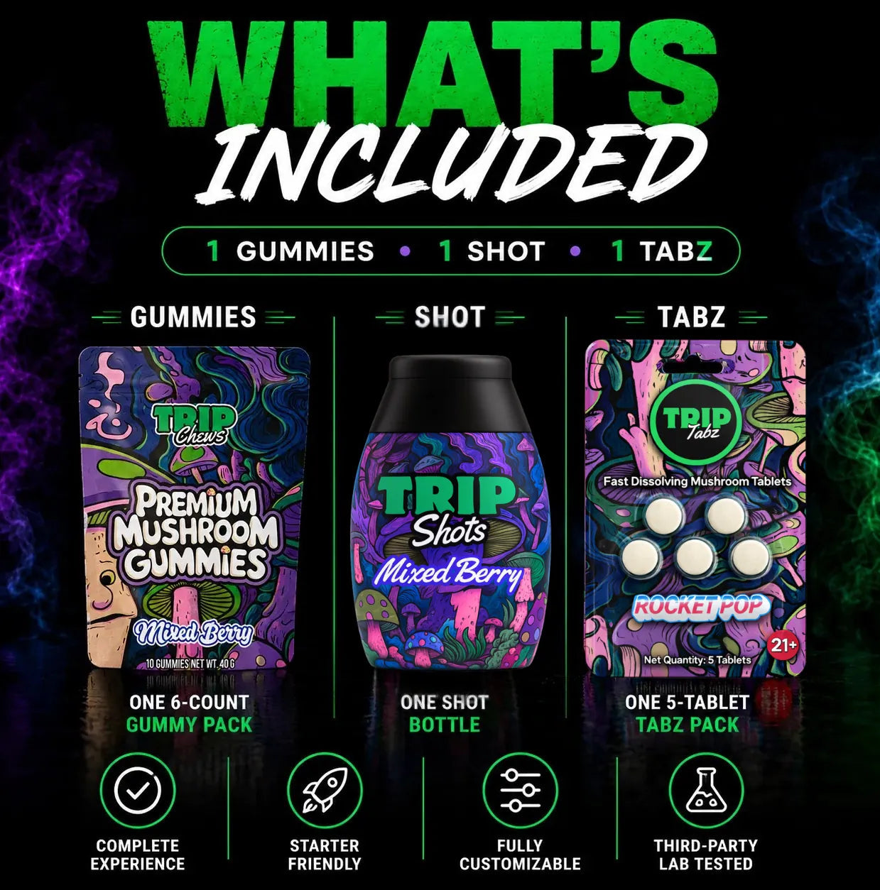 What's Included infographic for the First Trip Bundle showing one 6-count Trip Chews Gummies pack, one Trip Shot bottle, and one 5-count Rocket Pop Trip Tabz pack. The graphic highlights all three Trip Chews formats included in the starter bundle with bold green and white typography, neon smoke accents, and key benefits including complete experience, starter-friendly format selection, customization options, and third-party lab testing.