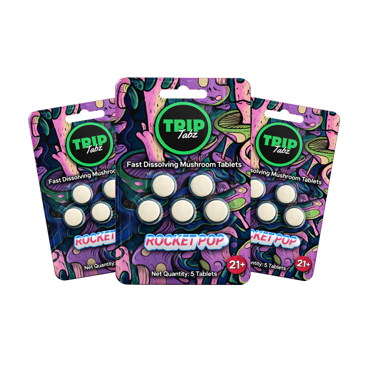 Three packages of TRIP Tabz fast dissolving mushroom tablets with colorful designs on a white background.