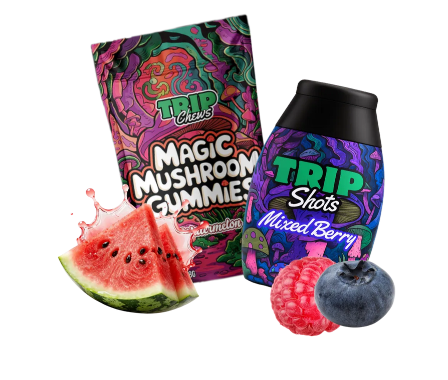 Trip chews gummies and shots with sliced fruit