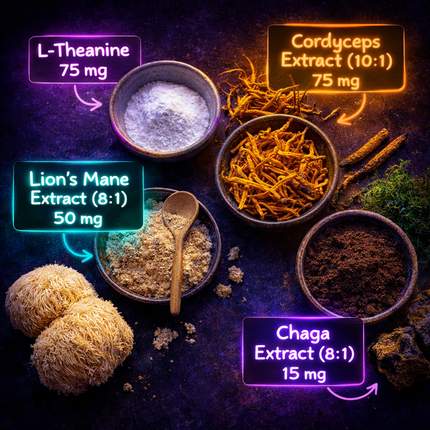 L-Theanine, cordyceps, lion’s mane, and chaga mushroom extracts displayed in bowls with labeled dosages.